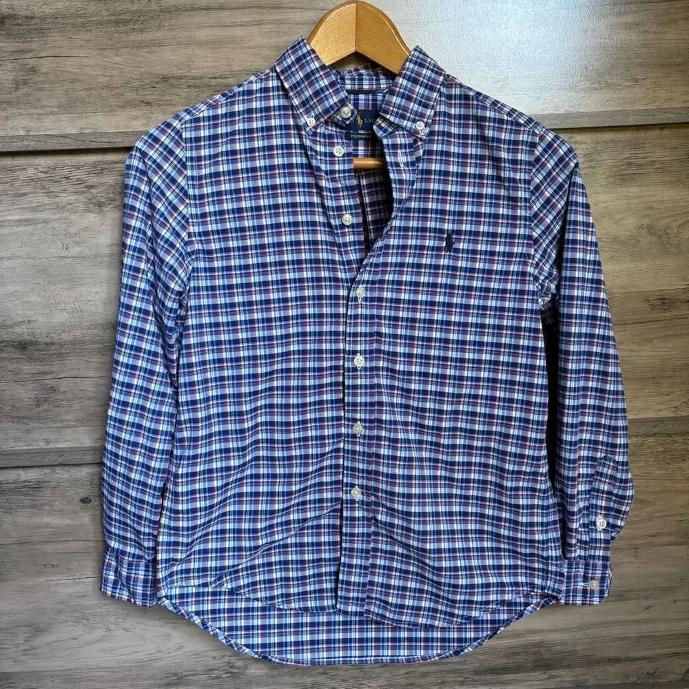 Ralph Lauren Boys M 10-12 Red White Blue Plaid Button Down Shirt Patriotic Top